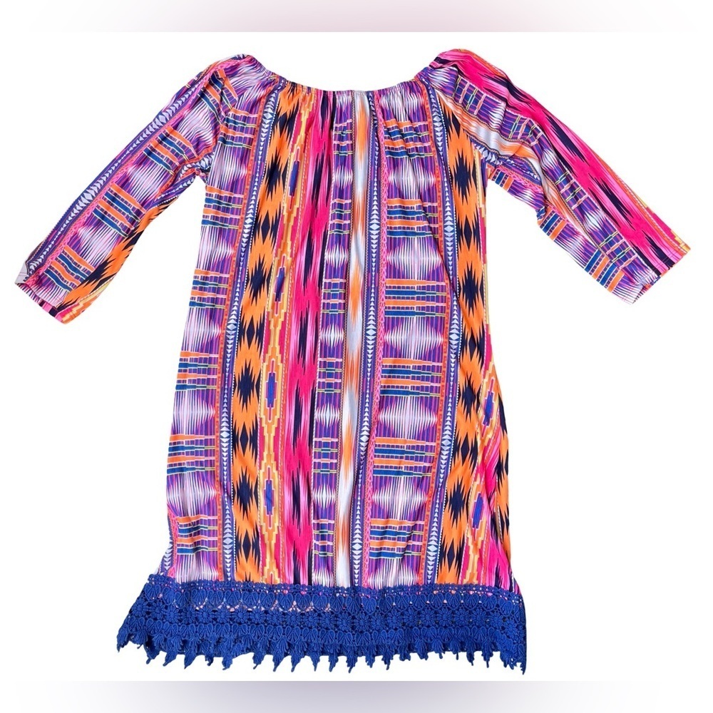 2B Together Boho Aztec Print Peasant Tunic Dress with Crochet Hem – Small - Picture 5 of 9